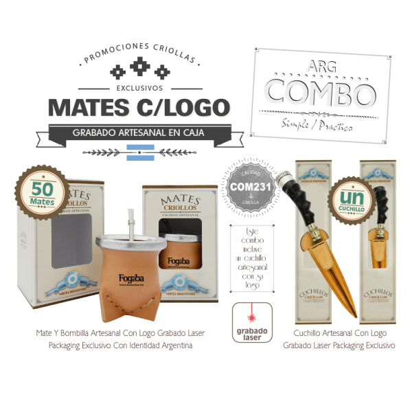 Combo 50 Mates Grabados CBombillaCaja  Un Cuchillo De Regalo