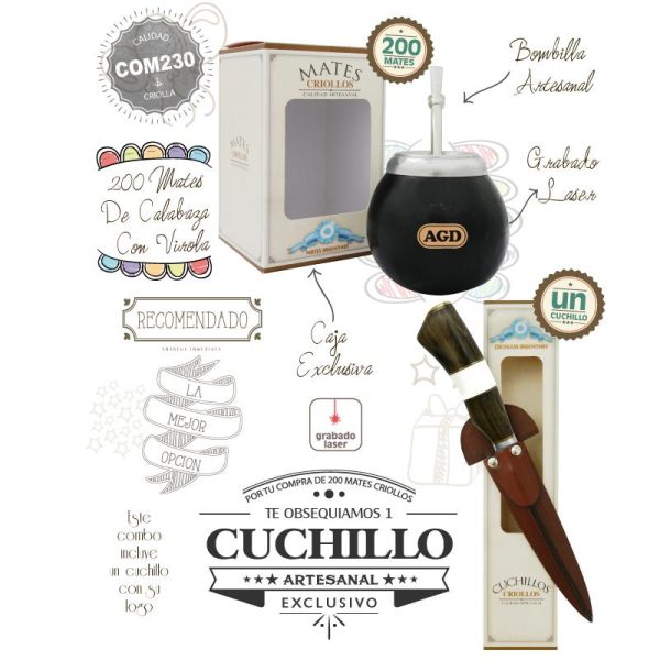 Combo 200 Mates Grabados CBombillaCaja  Un Cuchillo De Regalo - Imagen 2