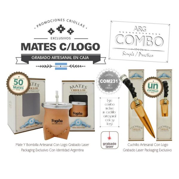 Combo 50 Mates Grabados CBombillaCaja  Un Cuchillo De Regalo - Imagen 2