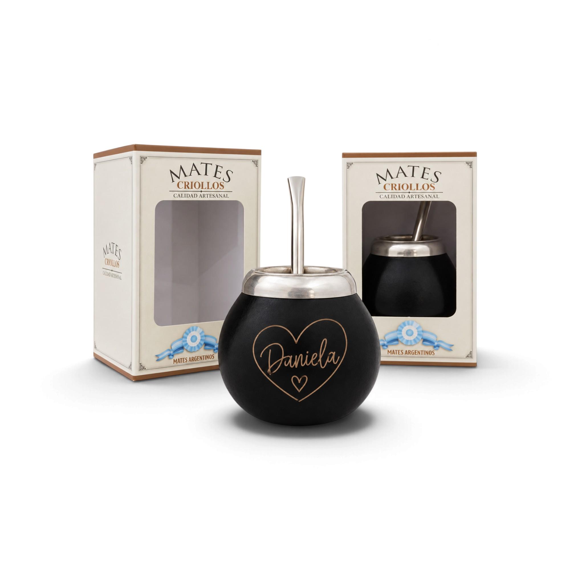 Mate Porito Con Virola Bombilla Y Grabado En Caja